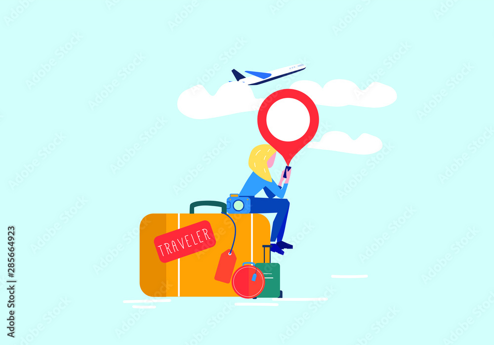 Woman sitting at her suitcases and choosing travel destination. Flat vector illustration.