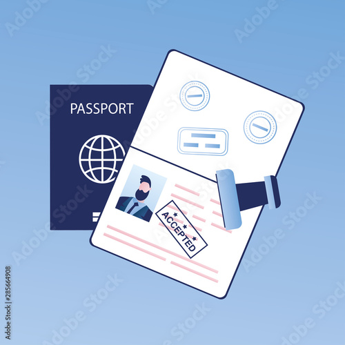 Open passport with stamp -accepted, visa approved,crossing the border concept,