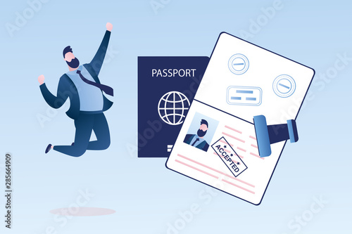 Open passport with stamp -accepted, happy businessman with visa approved,