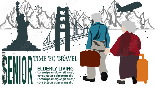 Senior couple holding luggage go to travel around the world, time to follow the dream.