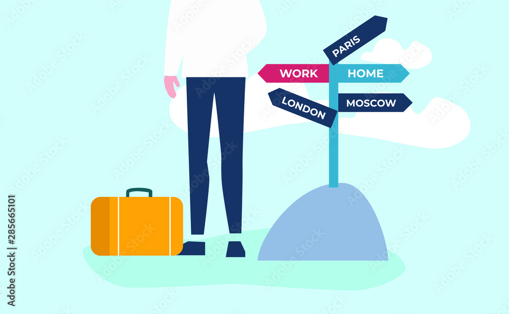 Fototapeta premium Decision making concept. Woman by the road signs. Work hard or go home and preparing for vacation. 