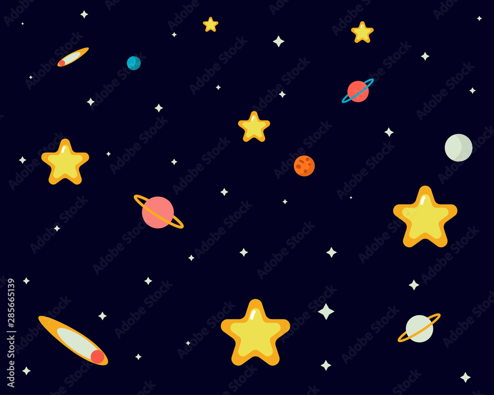 Flat design: space and planet concept. Cute template with planets and Stars in space. Seamless pattern background.