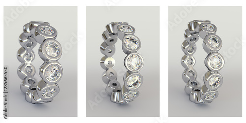 Three bezel set diamond eternity rings on white background