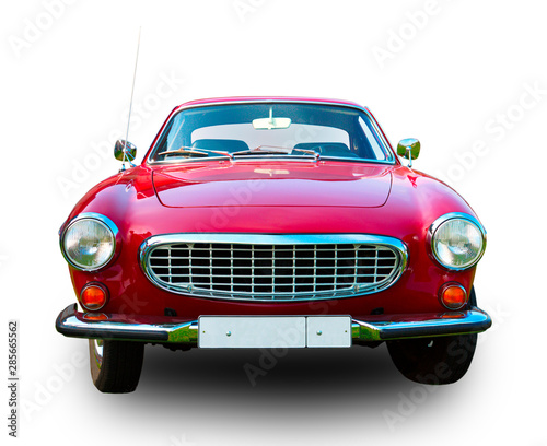 Swedish retro sports car. White background. Front view.