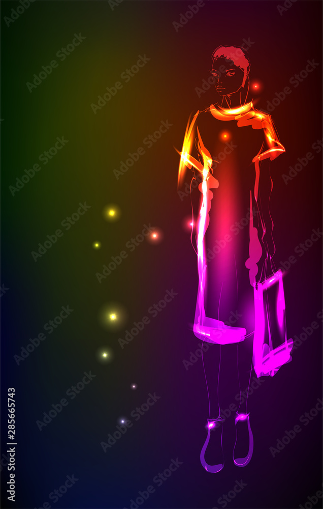 Hand-drawn fashion model from a neon. A light girl's. Fashion girl. Stylish fashion model. Fashion woman Hand-drawn fashion model from a neon. A light girl's. Fashion girl. Stylish fashion model. Fashion woman