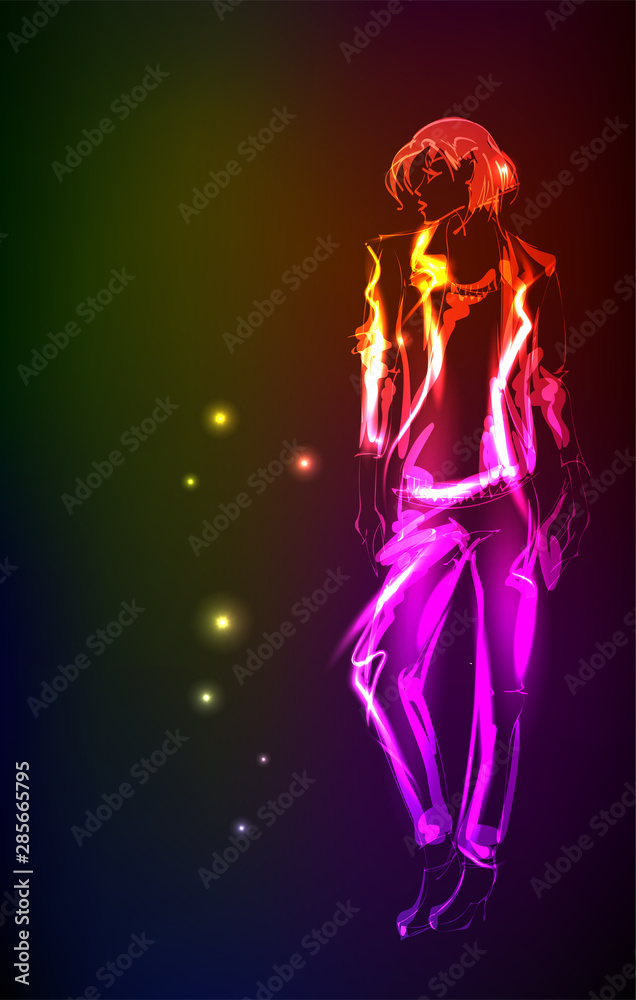 Hand-drawn fashion model from a neon. A light girl's. Fashion girl. Stylish fashion model. Fashion woman