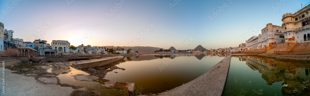 Panorama of Pushkar Lake at dawn. Pushkar Lake is a sacred lake of the Hindus. The Hindu scriptures describe it as 