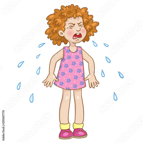 Little girl crying bitterly. In cartoon style. Isolated on white background.