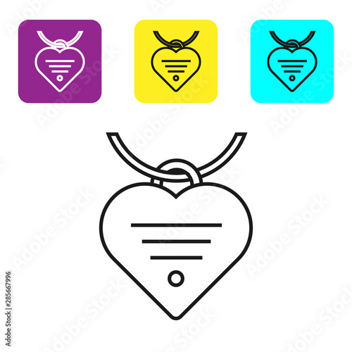 Black line Collar with name tag and heart icon isolated on white background. Simple supplies for domestic animal. Cat and dog care. Pet chains. Set icons colorful square buttons. Vector Illustration