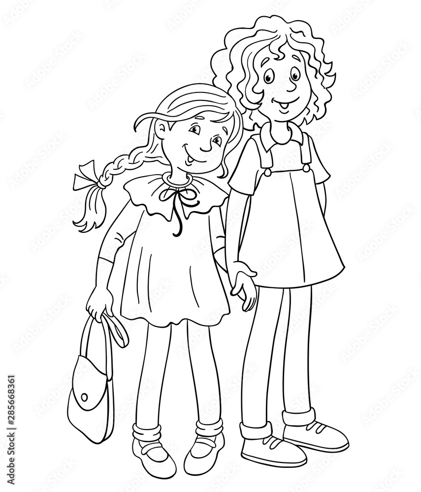 Two teen girls standing hand in hand.  In cartoon style, drawing in a black outline. Isolated on white background. For coloring book.