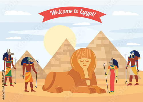 Welcome to Egypt banner or flyer with pyramids and ancient gods vector illustration.