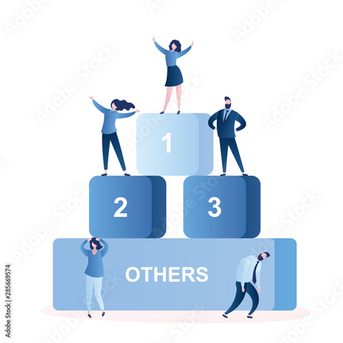 Business people on podium,winners and losers,happy successful businesswoman on top