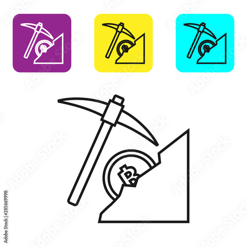 Black line Cryptocurrency cloud mining icon on white background. Cloud with pickaxe, bitcoin, digital money market, cryptocoin wallet. Set icons colorful square buttons. Vector Illustration