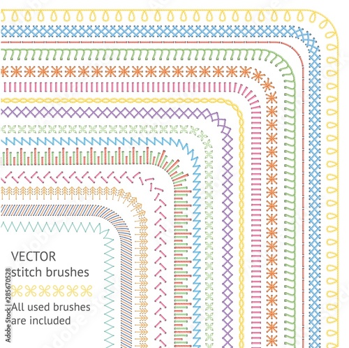 Seamless stitch brushes set of sewing seams vector illustration isolated on white.