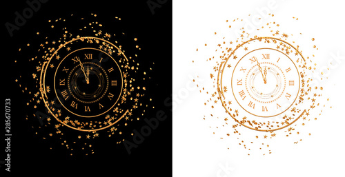 Christmas shining background New Year, round gold clock, luminous circles, tinsel, confetti, stars. 3d rendering