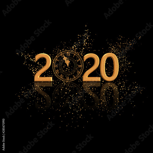 Christmas shining background New Year, 2020, round gold clock, luminous circles, tinsel, confetti, stars. 3d rendering