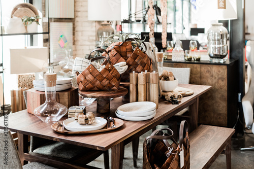 wooden table with modern home goods, unique home decoration store