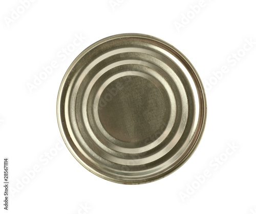 Closed tin can isolated on white, top view