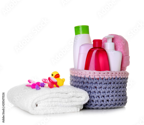 Set of baby accessories on white background