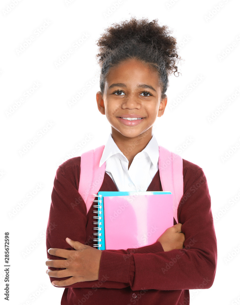 Happy African-American girl in school uniform on white background Happy African-American girl in school uniform on white background