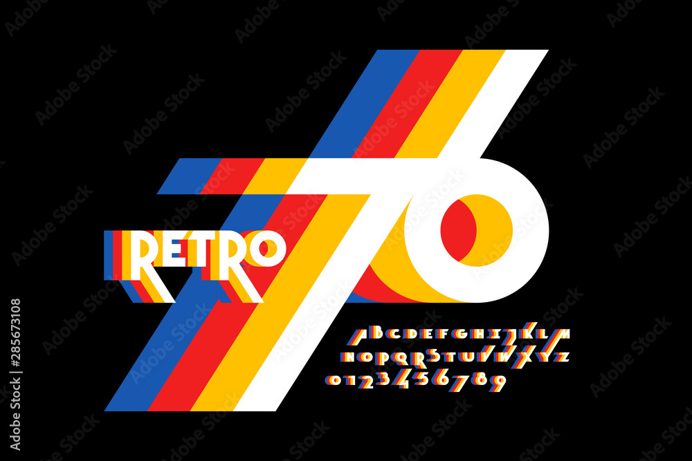 Retro style colorful font design, alphabet letters and numbers