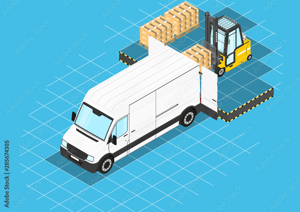 Forklift unloading cargo from the van. Isometric view. Flat vector. Forklift unloading cargo from the van. Isometric view. Flat vector.