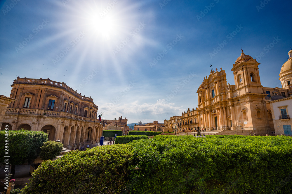 Panoramic view of Palazzo Ducezio and the baroque cathedral of Noto, in Sicily Italy.
