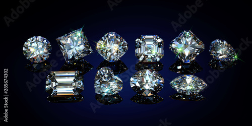 Loose diamonds of ten popular shapes on black glossy background