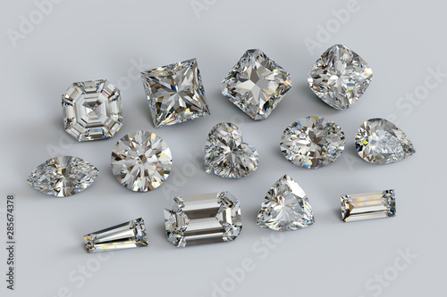 Loose diamonds of the most popular cut shapes on white background