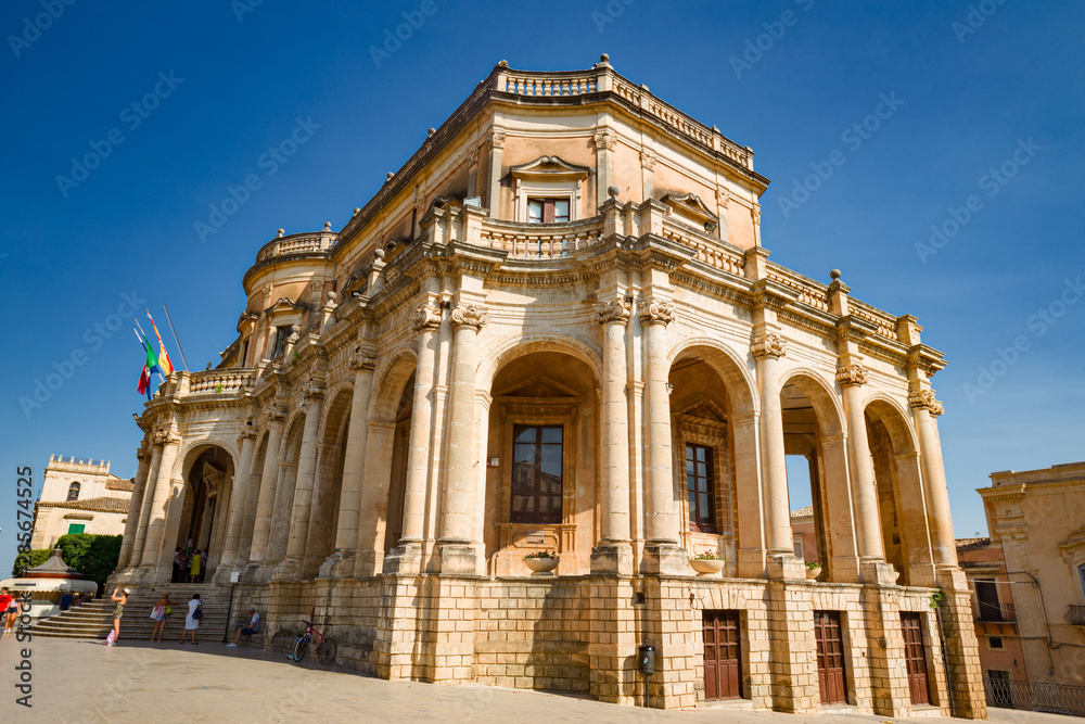 Panoramic view of the Baroque Palazzo Ducezio in the historic center of Noto, in Sicily Italy.