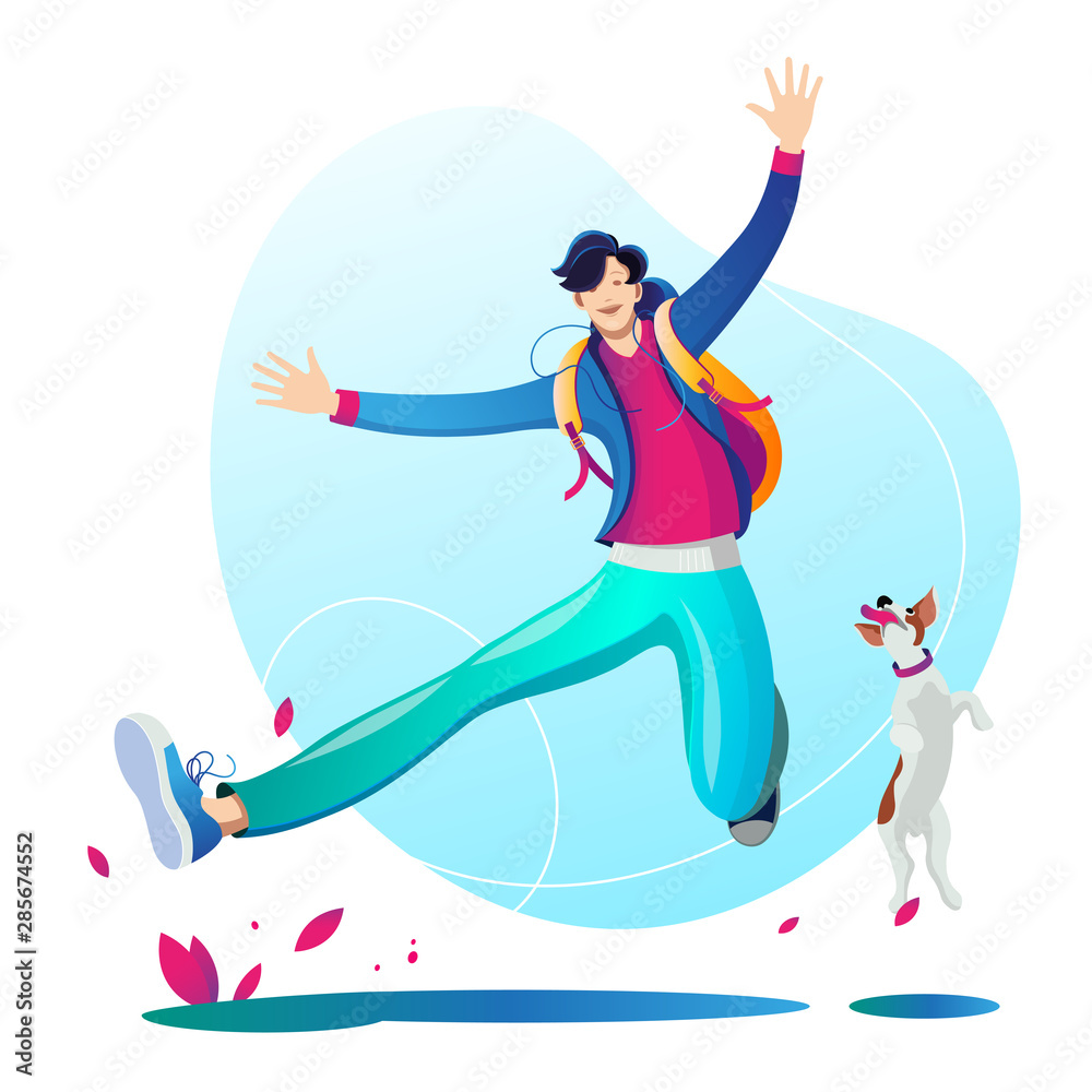 A man walking and playing with his dog. Character. A man walking and playing with his dog. Character.