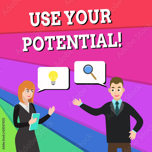 Text sign showing Use Your Potential. Business photo showcasing achieve as much natural ability makes possible Business Partners Colleagues Jointly Seeking Problem Solution Generate Idea