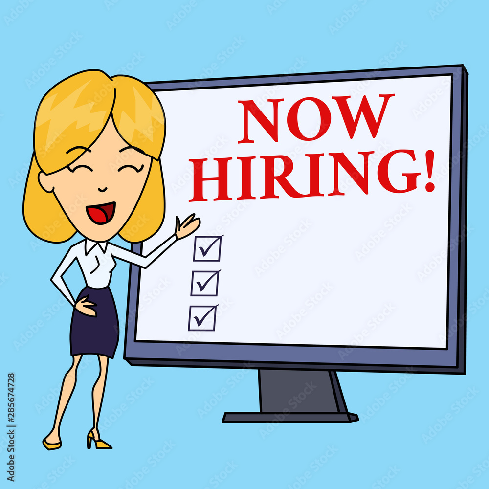 Writing note showing Now Hiring. Business concept for finding evaluating working relationship with future employees White Female in Standing Pointing Blank Screen Whiteboard Presentation Writing note showing Now Hiring. Business concept for finding evaluating working relationship with future employees White Female in Standing Pointing Blank Screen Whiteboard Presentation