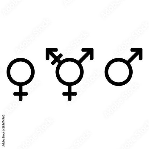 Gender symbols, icon set. Male, female and transgender. Black signs on a white background.