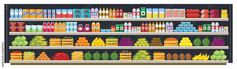 Grocery supermarket shelves flat vector seamless background