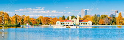 Scenic of Denver Colorado skyline. City Park, Ferril Lake and Rocky Mountains. Located in Denver, Colorado, USA. photo