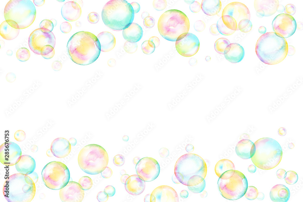 虹色に光るシャボン玉の上下フレーム 水彩イラスト Stock Illustration Adobe Stock