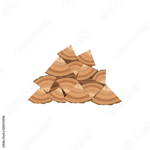 Brown woodpile of firewood and stacks wooden logs.