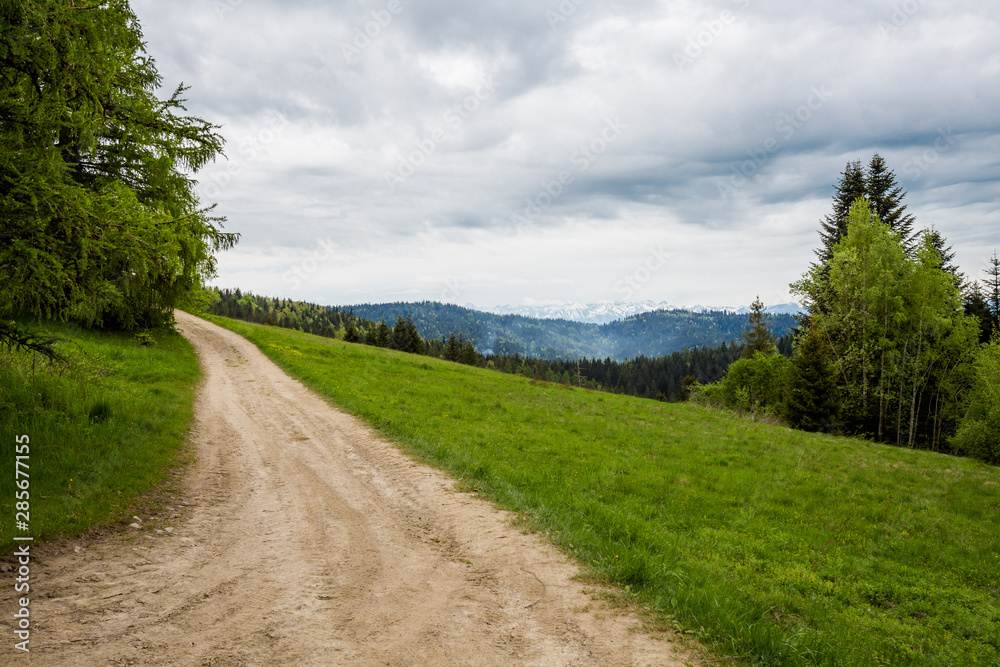 Beautiful foggy Gorce mountains landscape