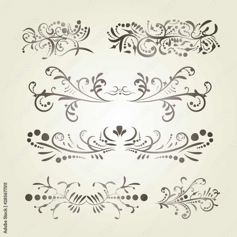Victorian set of brown gradient calligraphic swirl elements