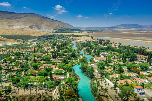 Obraz na płótnie Aerial panorama view of Kibbutz Nir David in Northern Israel with the turquoise