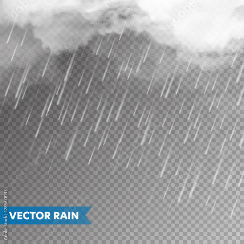 Realistic rain with clouds on transparent background. Rainfall, water drops effect. Autumn wet rainy day. Vector illustration.