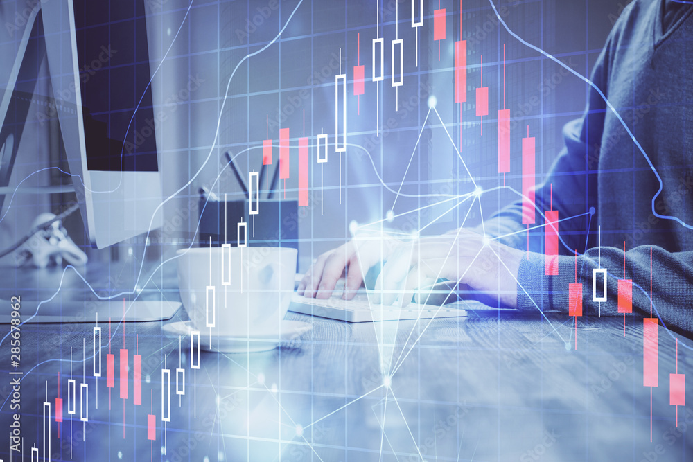 Double exposure of financial graph with man works in office on background. Concept of analysis. Double exposure of financial graph with man works in office on background. Concept of analysis.