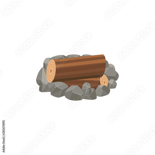 Forest camp stoned fireplace with tree trunks cartoon vector illustration isolated.