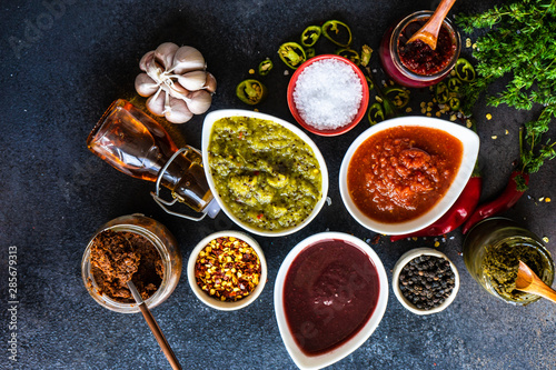 Variety of traditional georgian satsebeli sauces