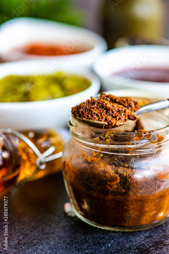 Variety of traditional georgian satsebeli and adjika sauces