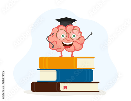 Cartoon character brain with glasses and academic hat standing on books. Vector illustration isolated on white background. EPS 10.