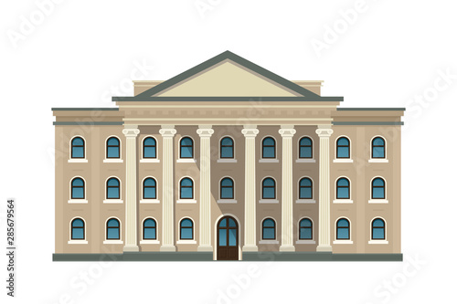 University building facade, bank or government institution. Architecture building with columns isolated on white background. Vector illustration. Flat style. EPS 10.