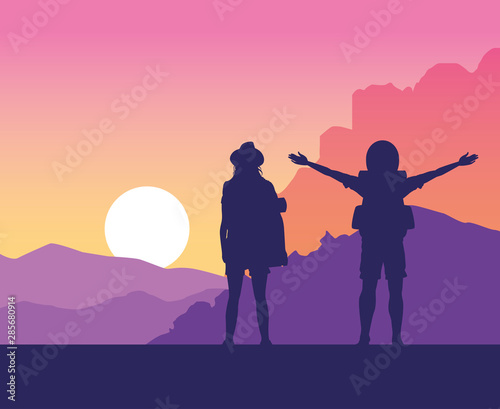 Backpack travelers couple landscape drawing scenery