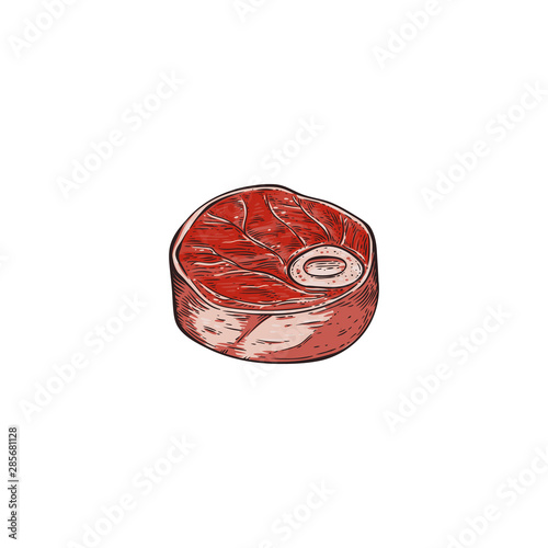 Round piece of raw rib eye beef steak with hand drawn cartoon texture